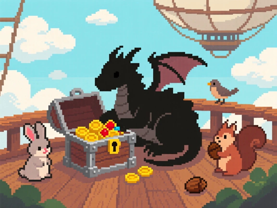 A small dragon curled around a treasure chest sharing a meal with woodland creatures, on the deck of an airship among the clouds.