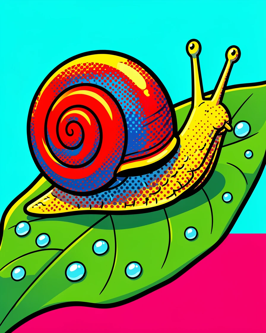 A close-up of a snail carrying its spiral shell across a dewy leaf