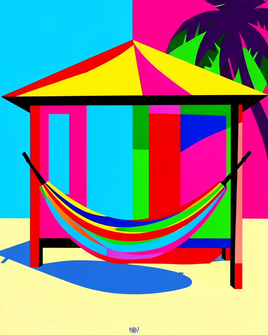Tropical beach hut with a hammock swaying
