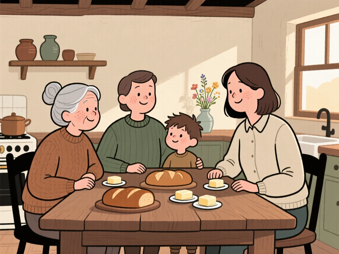 Three generations of a family gather around a large wooden table in the farmhouse kitchen, sharing freshly baked bread and stories as the last light of day fades.