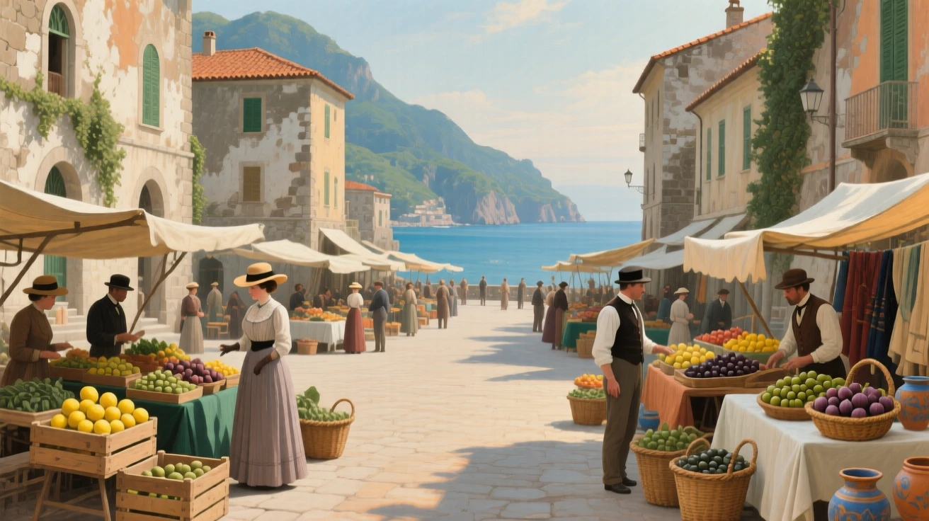 A centered composition of a medieval town square bustling with market stalls, in the Edwardian era, along the Amalfi coast.