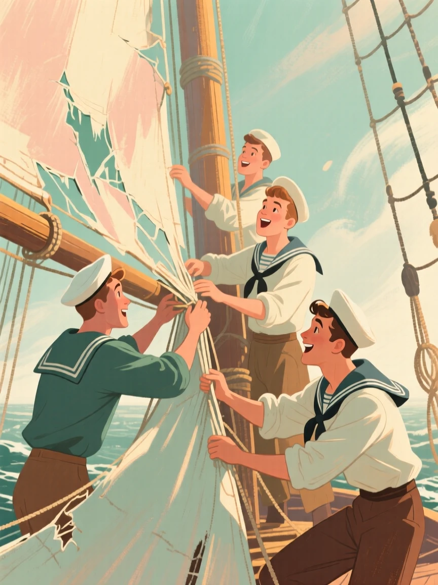 A group of sailors repairing torn sails after a fierce storm