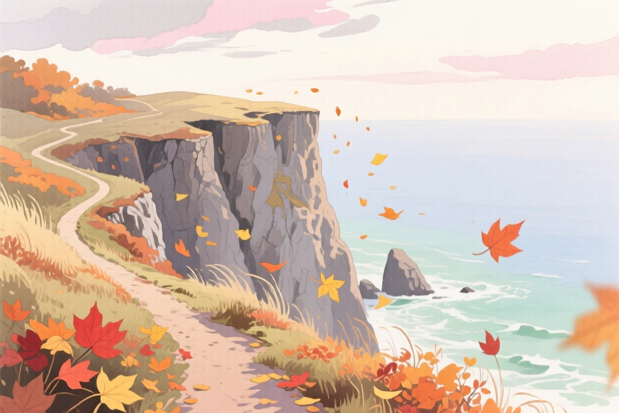 A breathtaking view of a windswept coastal cliff as autumn leaves fall, with a narrow path winding through