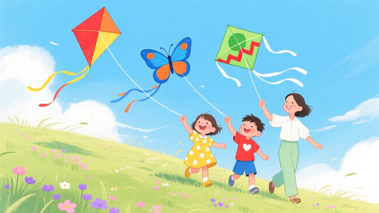 A heartwarming moment showing friends flying kites together on a windy hill.