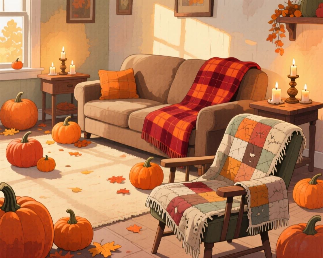 A living room decorated for autumn with pumpkins, candles, and a plaid throw blanket, with a worn quilt draped over the nearest chair, wrapped in a feeling of safety and belonging.