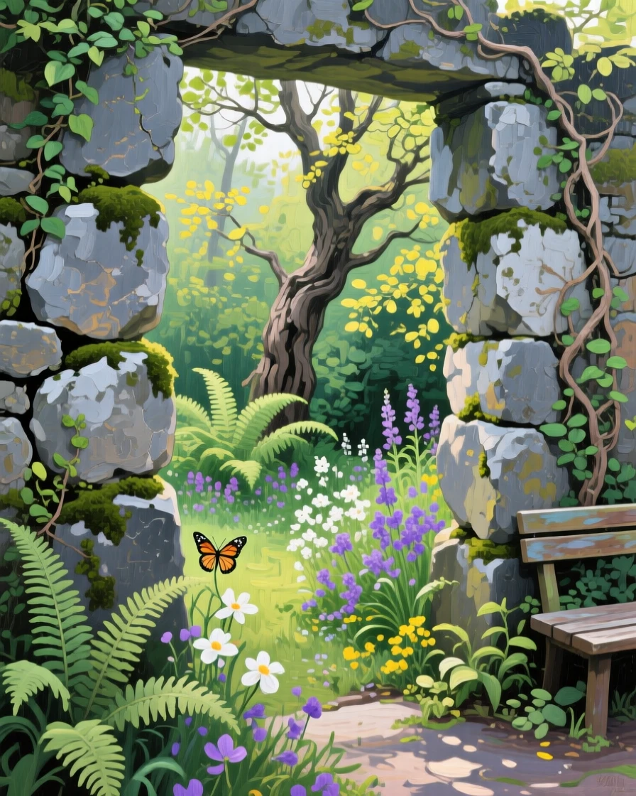 an overgrown secret garden behind an old stone wall, on a peaceful spring afternoon, from an inviting eye-level viewpoint.