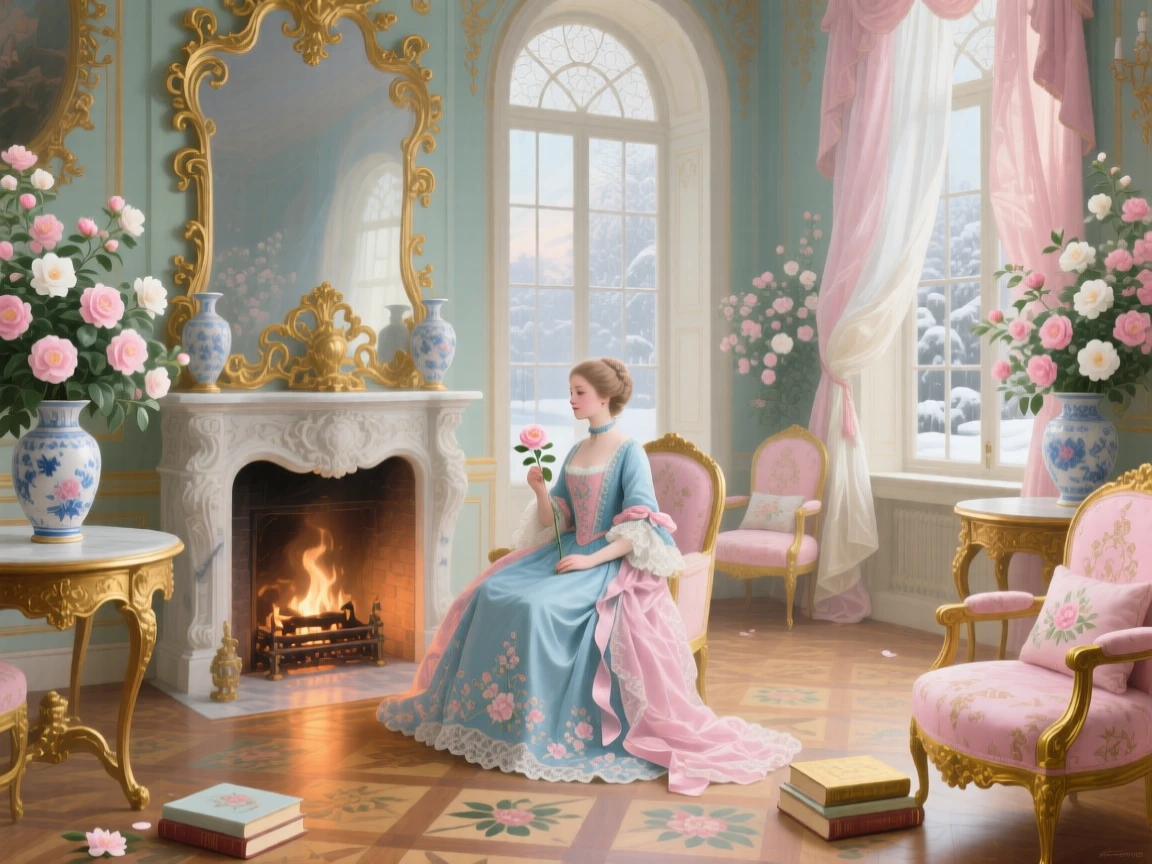 A winter garden room warmed by a fireplace and filled with blooming camellias  