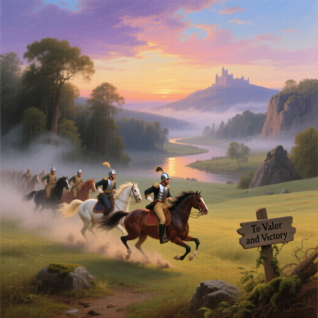 A cavalry charges across a misty field at dawn.