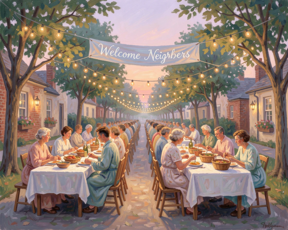 A festive block party with string lights, long tables, and neighbors sharing homemade dishes.