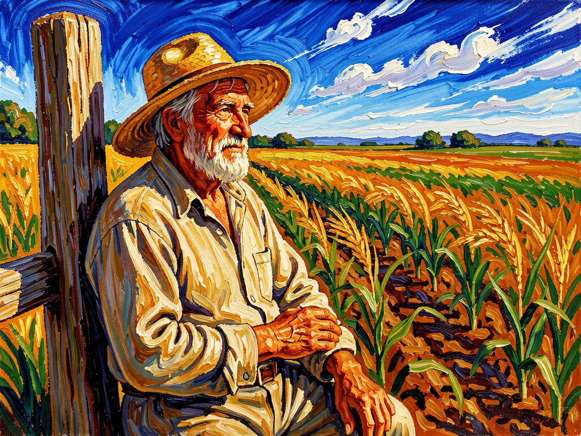An old farmer resting against a fence post, hat tilted back, surveying his sunlit fields.