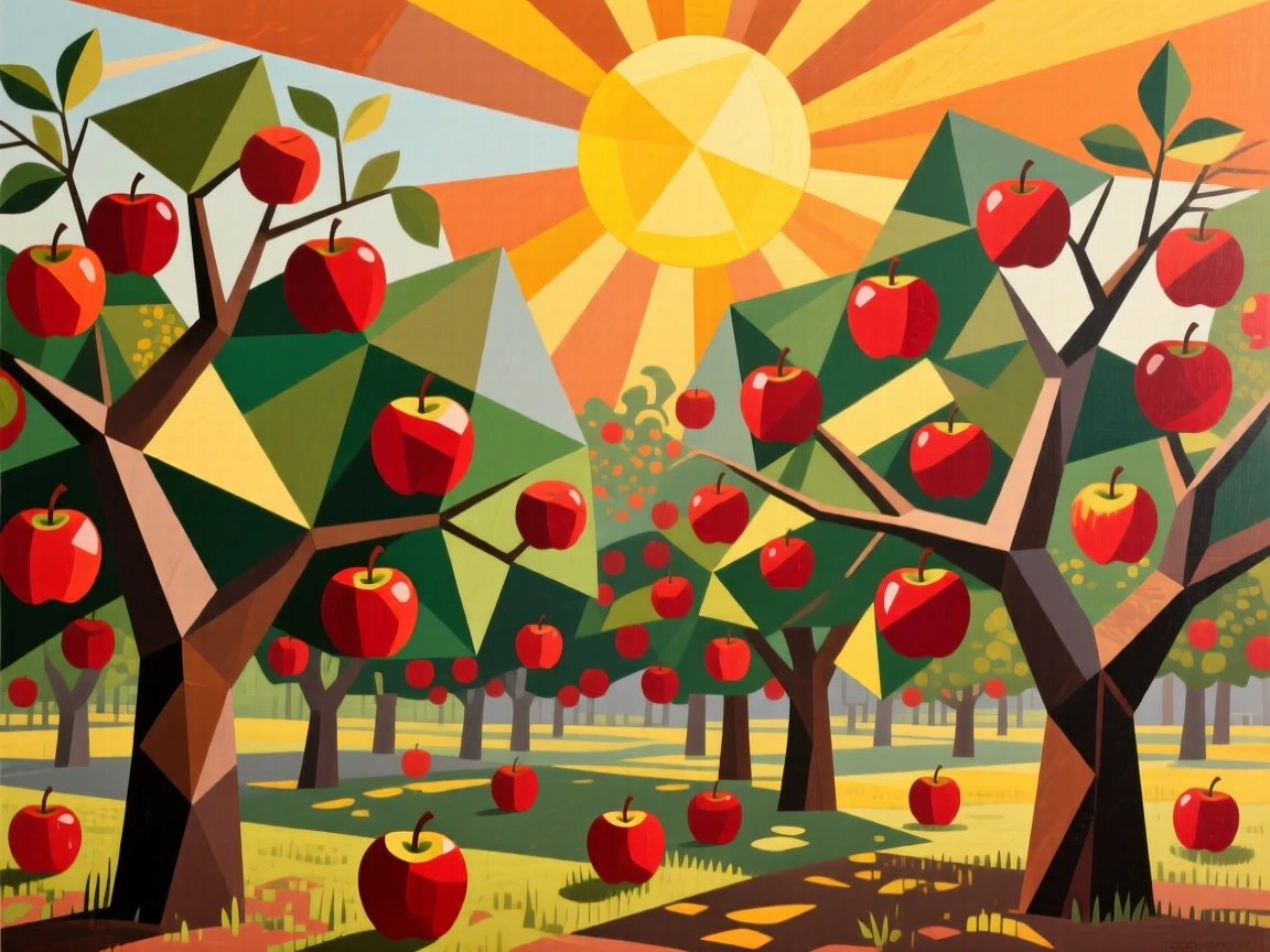 A peaceful orchard heavy with ripening apples under the late summer sun.