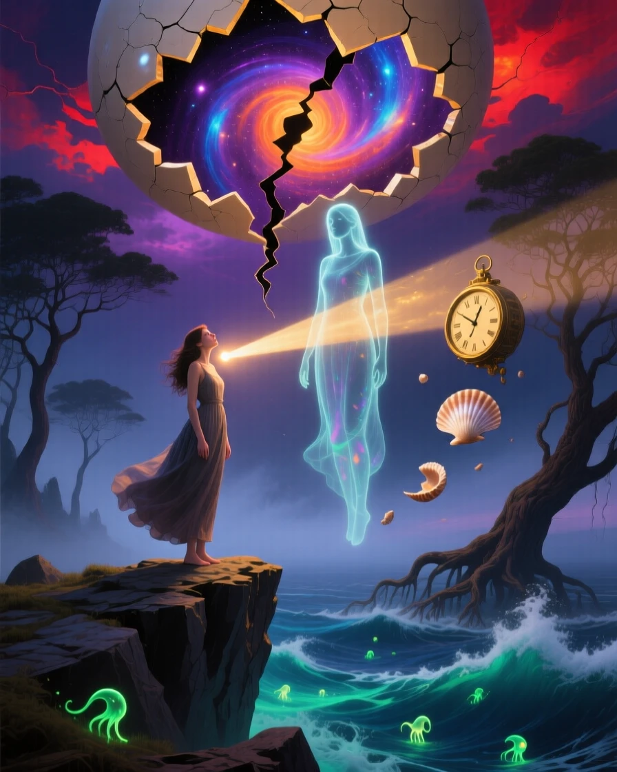 A woman with a lighthouse beam shining from her eyes gazes upward at a sky splitting open like an eggshell, while a second, ghostly version of them lingers behind.