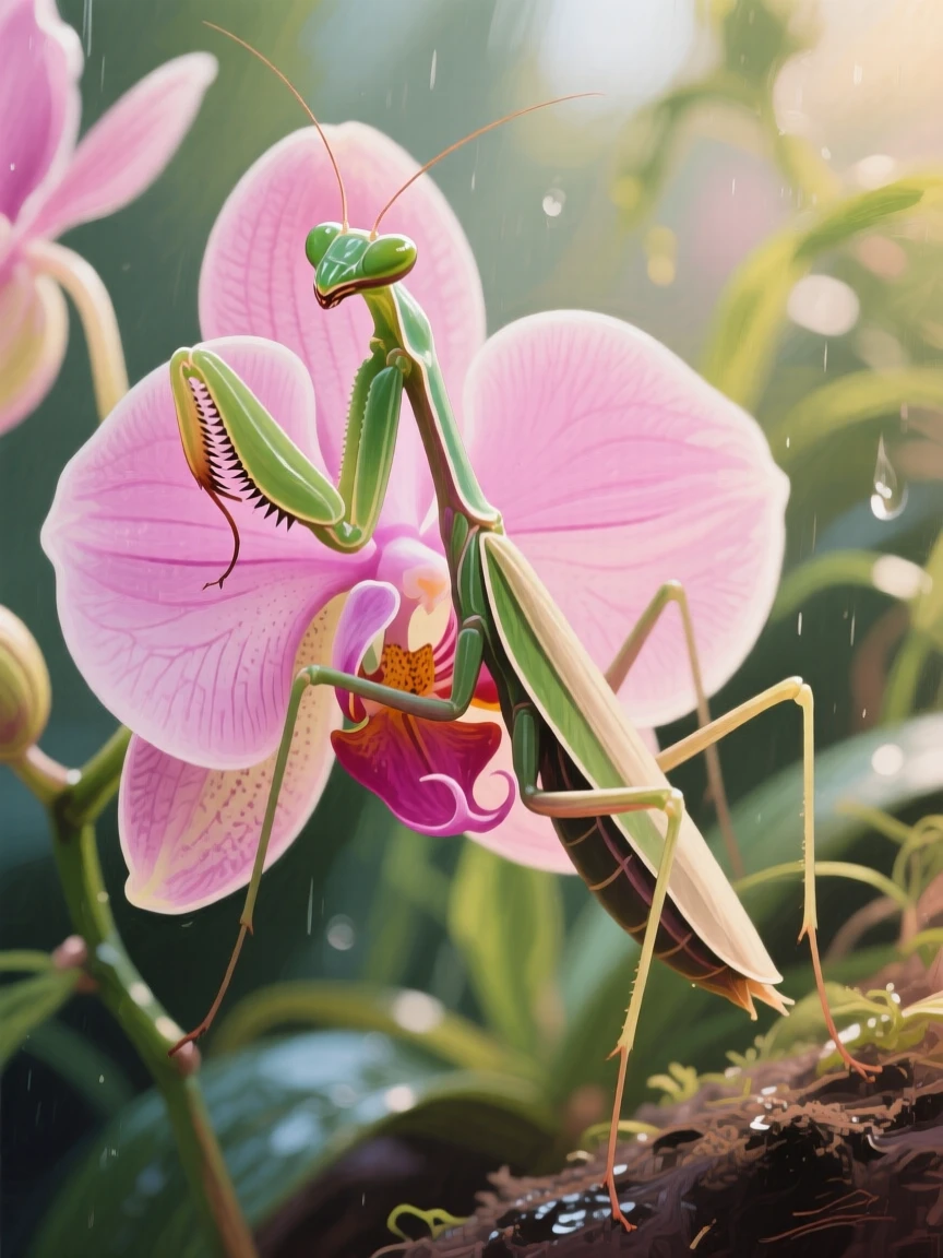 A close-up of a praying mantis camouflaged among pink orchid petals shows its delicate limbs mimicking the flower's curved shape perfectly, as a light breeze stirs the surrounding vegetation and carries the scent of damp earth.