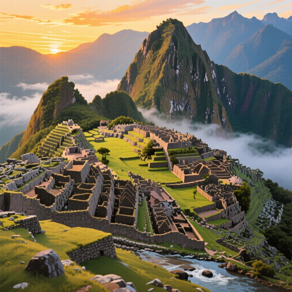 Machu Picchu's terraces wrapped in morning mist, bathed in golden sunset light, a river winding through the foreground