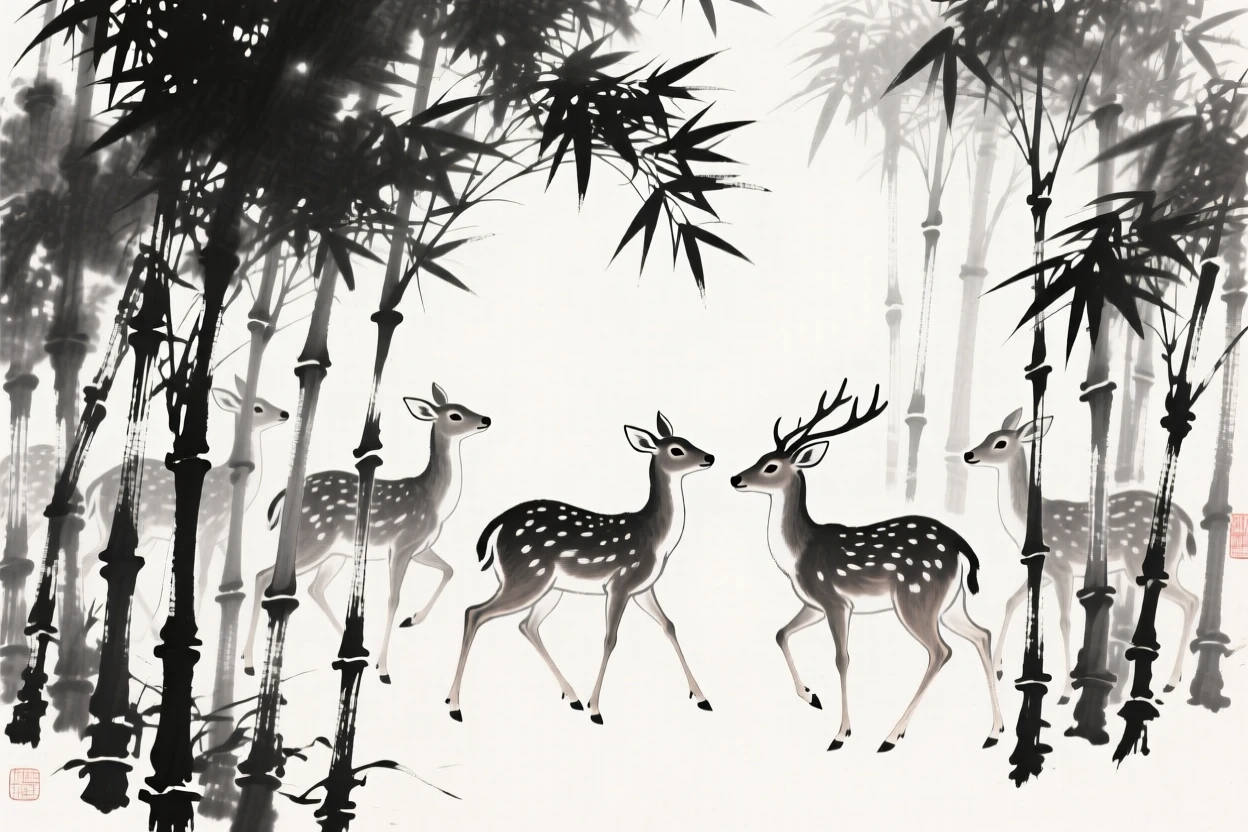 A group of deer moves cautiously through a bamboo thicket, beneath dappled light filtering through the canopy.