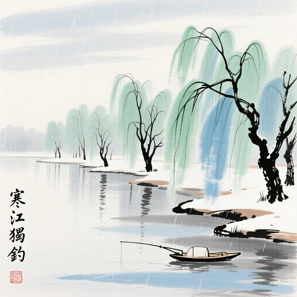 A peaceful lakeshore lined with willow trees, in the mild days of early winter, beneath a sky washed clean by rain, evoking a sense of quiet solitude.