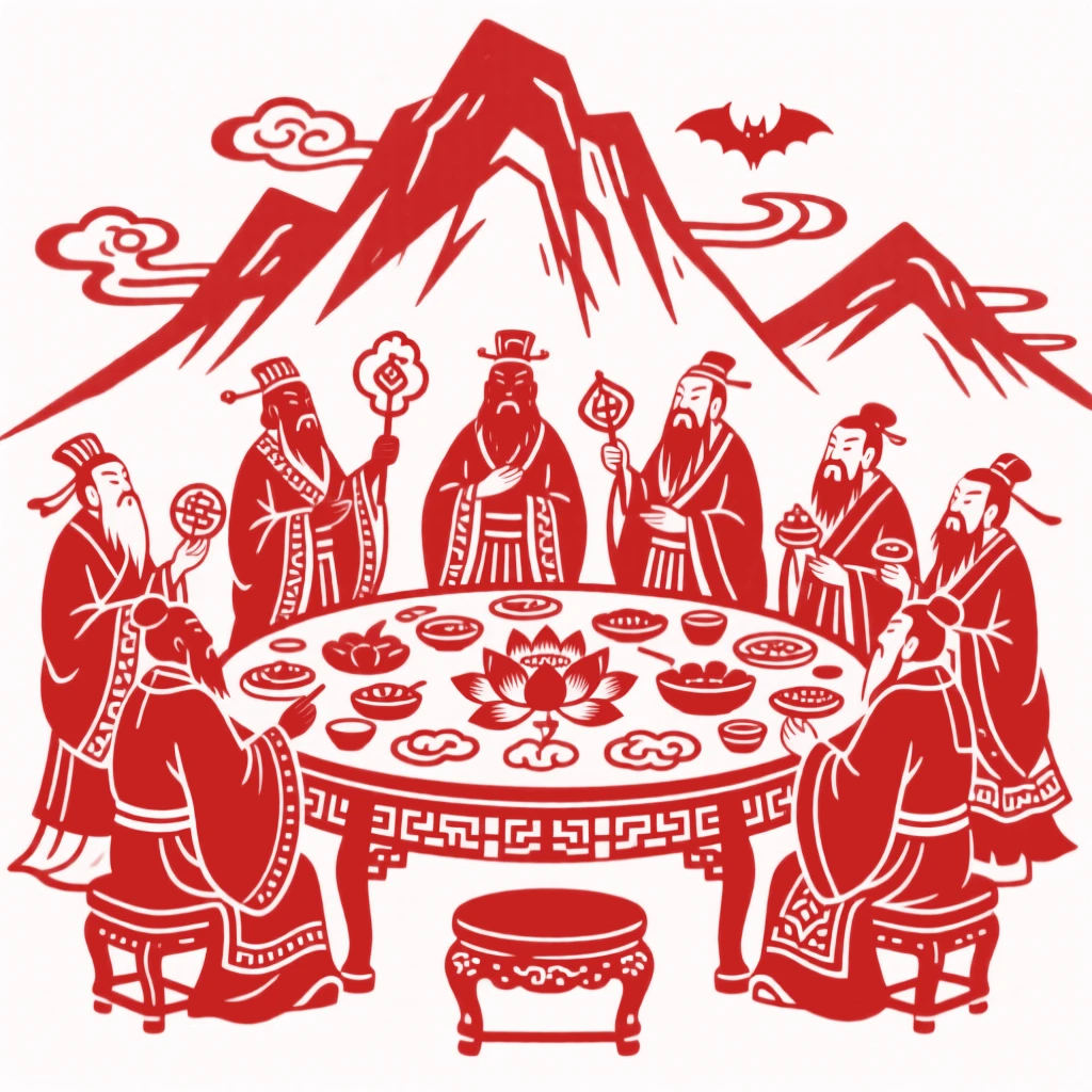 The Eight Immortals gathered around a banquet table on a mountaintop, each holding their signature magical treasure