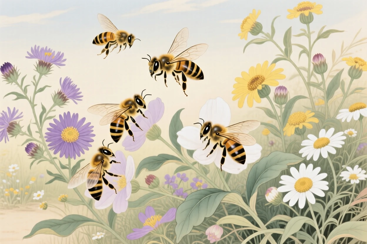 A cluster of honeybees among a cluster of wildflowers at midday