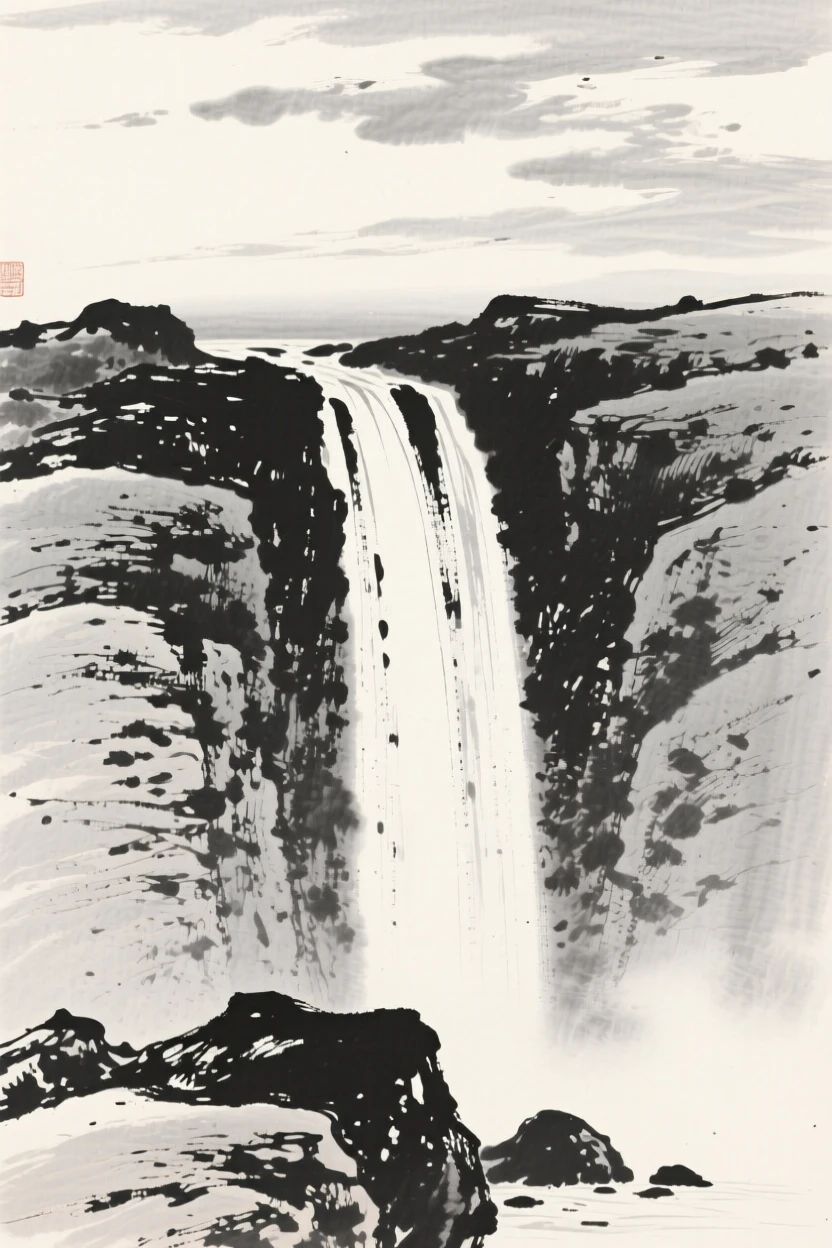 A tall waterfall cascading down layered granite rock under a wide open sky scattered with drifting clouds, framed low, with the foreground rocks leading the eye toward the distance, capturing a fleeting, serene moment suspended in time.