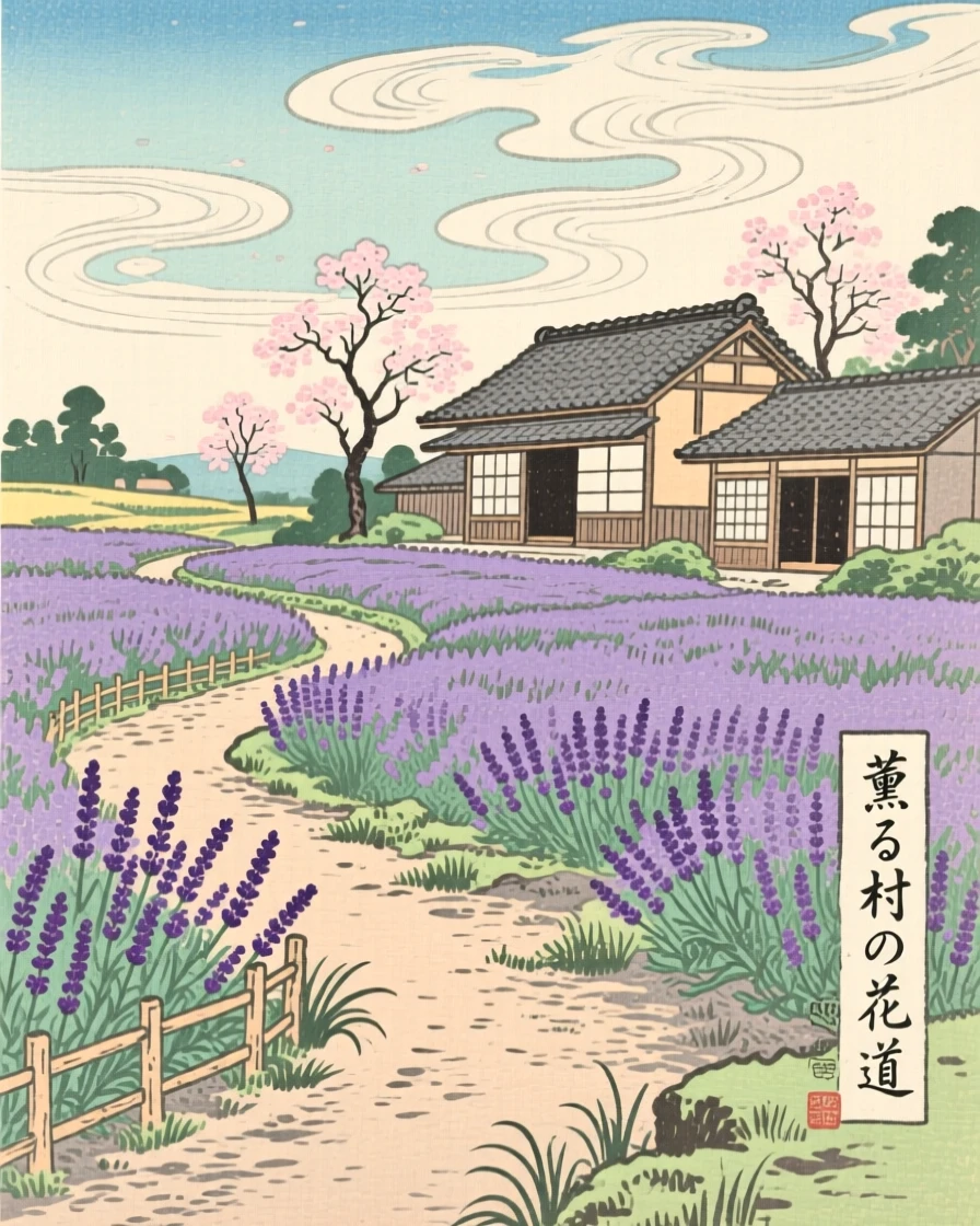 A field of blooming lavender beside a quiet village path.