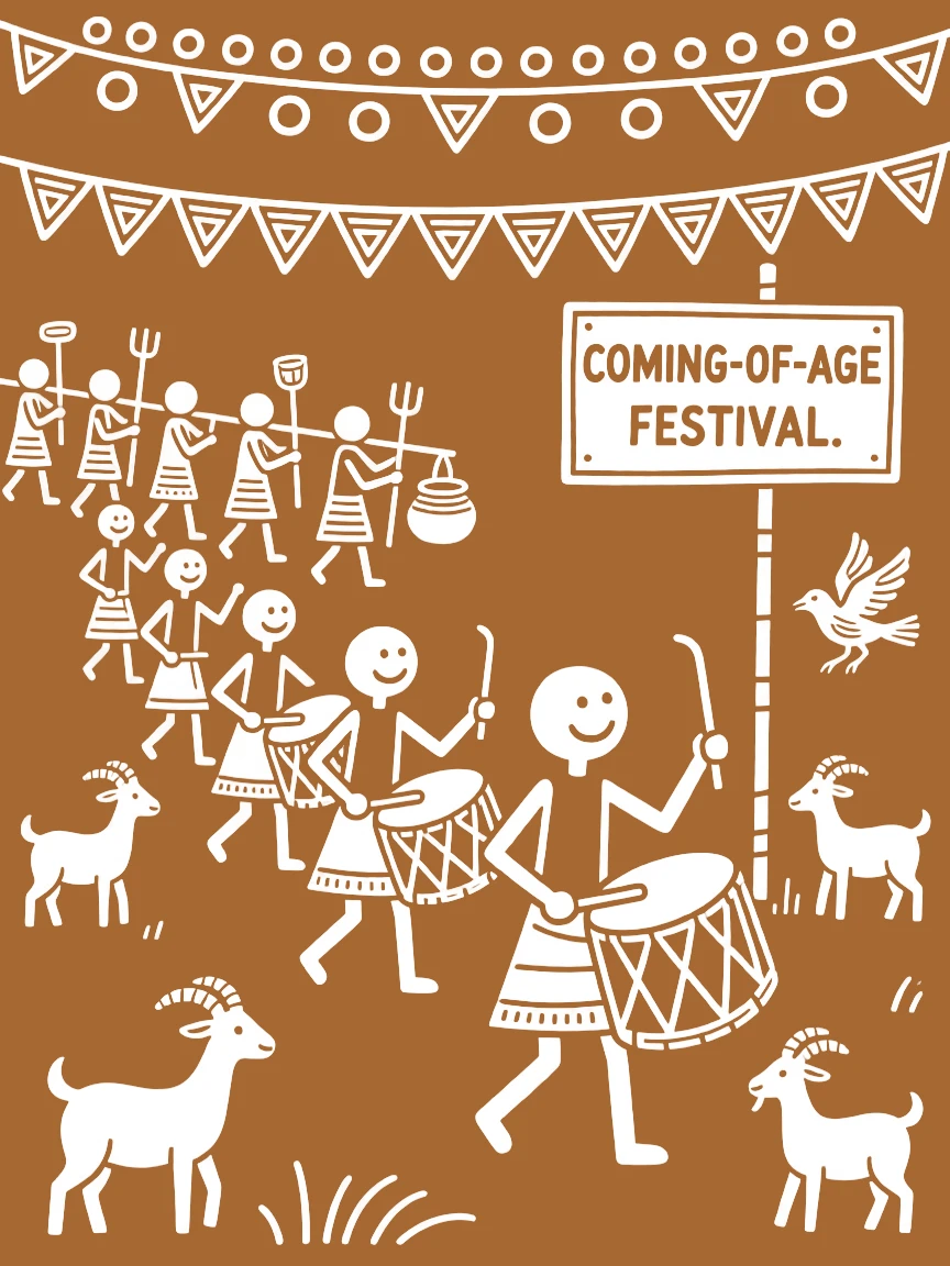 A coming-of-age ritual celebrated with drummers leading a joyful procession.