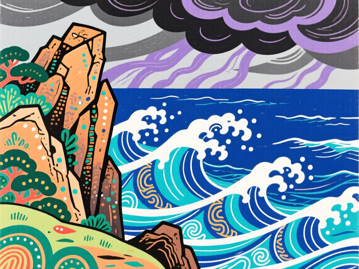 A coastal cliff overlooking crashing waves, just before a storm rolls in.