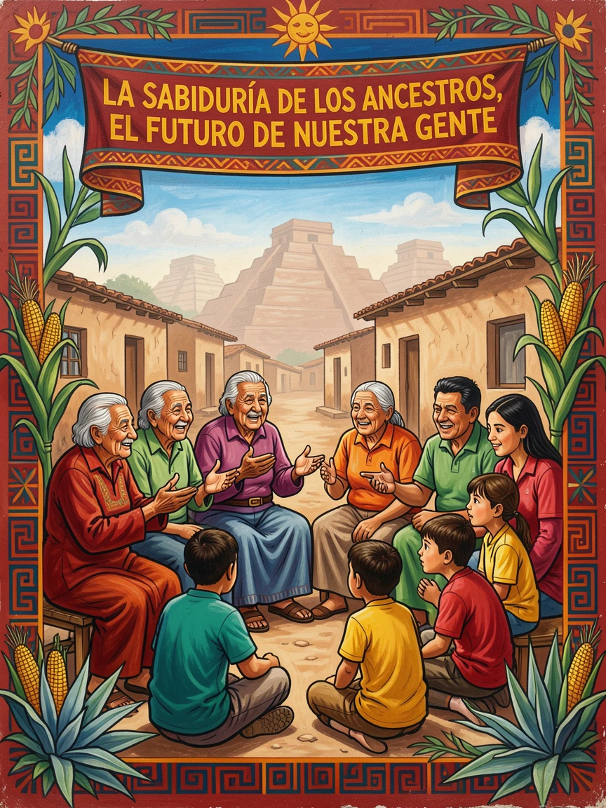A group of elders passing down oral traditions to the young