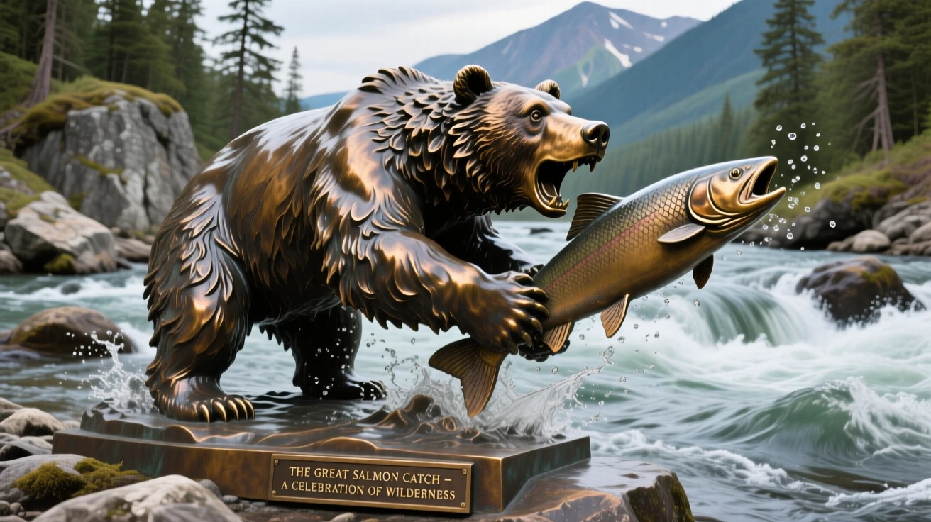 A bear catching salmon in a rushing river, set against a breathtaking natural backdrop, evoking wonder and majesty