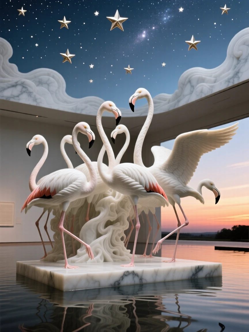 A flamingo flock at sunset captured in a powerful, dignified pose beneath a sky full of stars