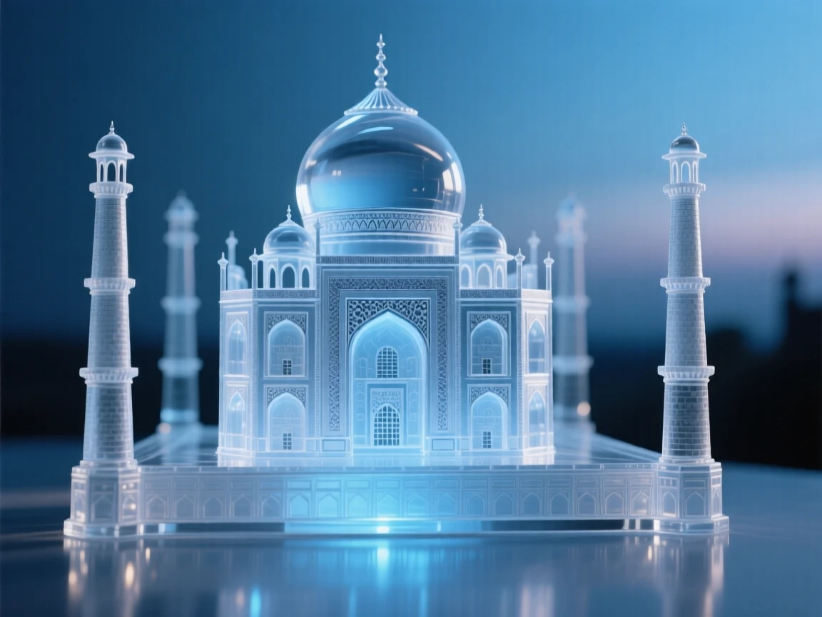 The Taj Mahal at blue hour with soft ambient lighting beginning to glow, reflections shimmering nearby, evoking timeless elegance.
