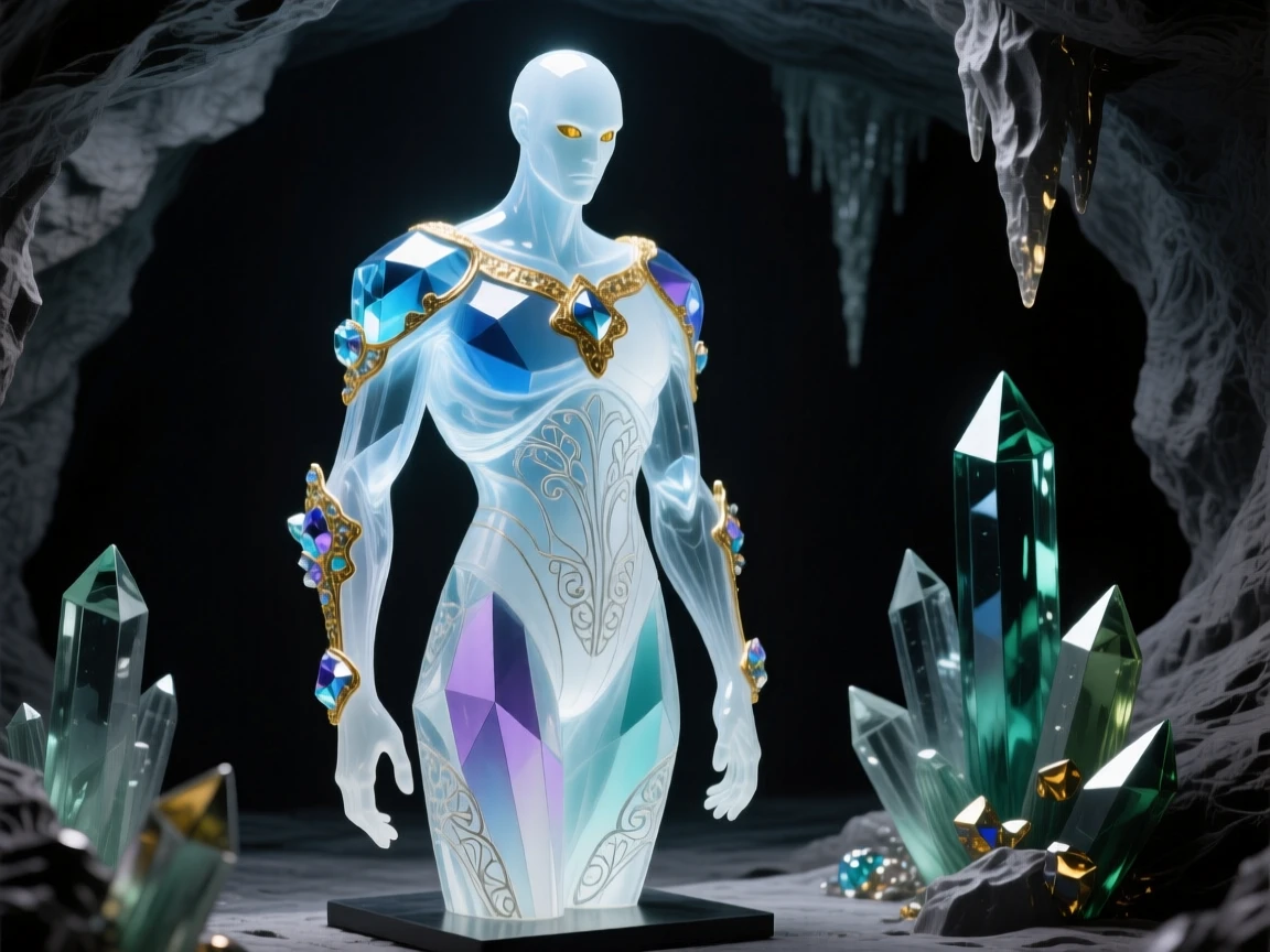 A crystal golem standing silently in an ancient underground cavern, mysterious and imposing.