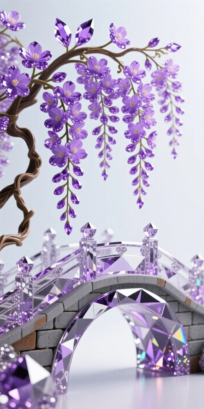 A cascading vine of purple wisteria over a traditional stone bridge.