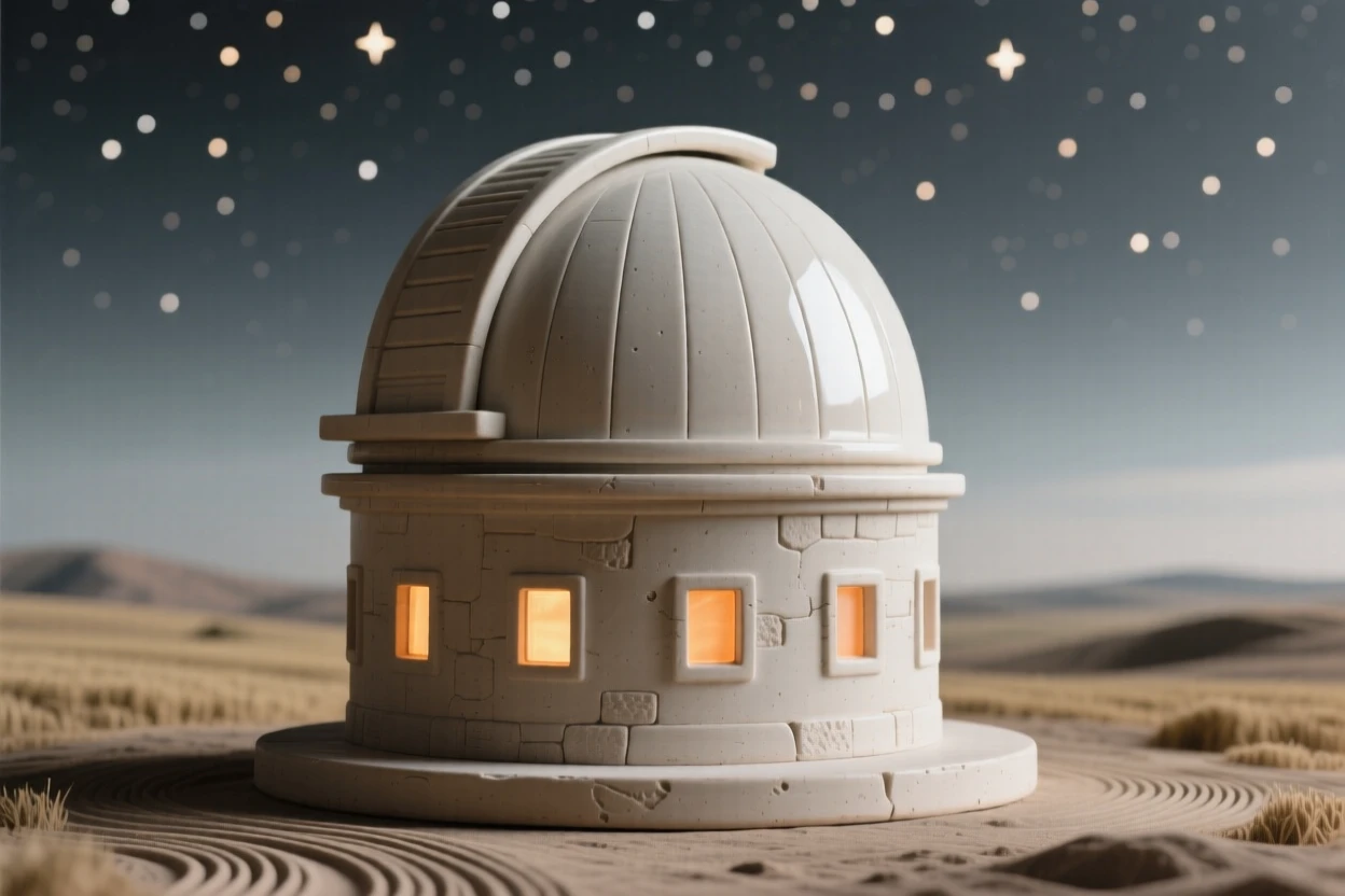 A domed observatory beneath a starry sky rising quietly above a still landscape, its windows glowing warmly from within, evoking timeless wonder and quiet grandeur.