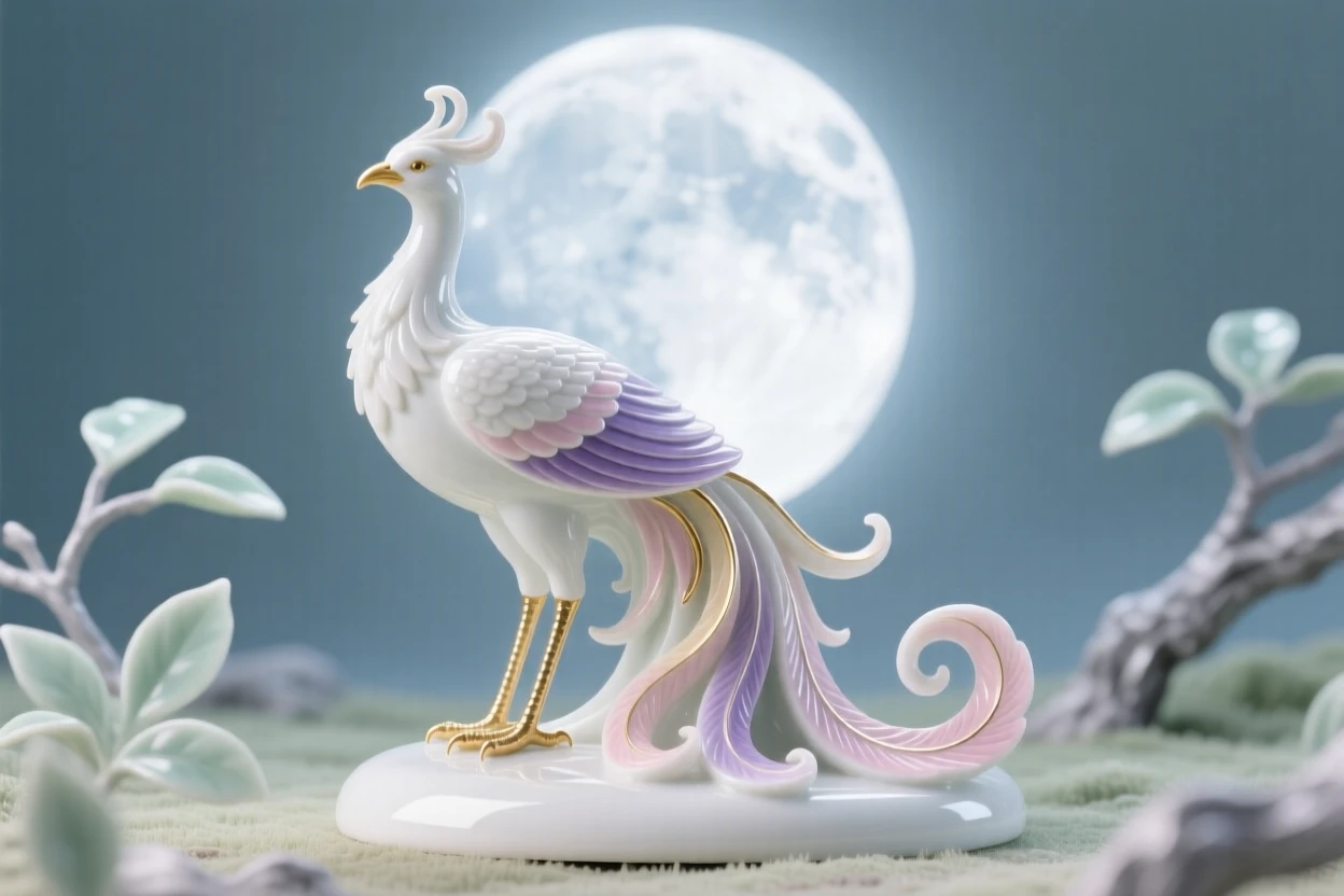 A majestic phoenix standing in a moonlit glade, radiant light haloing its form.