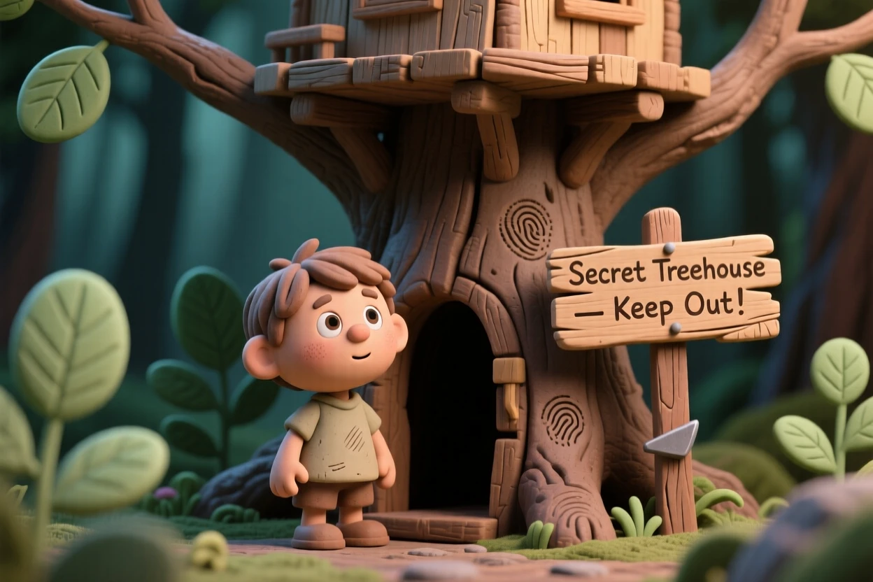 A child discovering a hidden treehouse deep in the woods