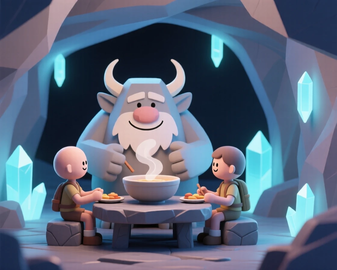 A wise mountain troll shares a warm meal with lost travelers inside a cozy cave lit by glowing crystals.