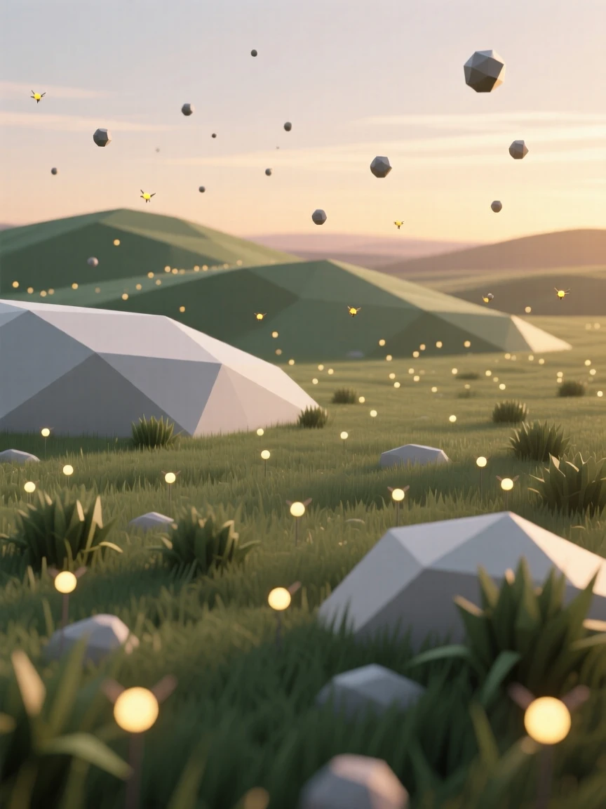 A meadow glowing under a blanket of fireflies, during the golden hour before dusk. the composition uses a wide, sweeping perspective. The view feels timeless and untouched.