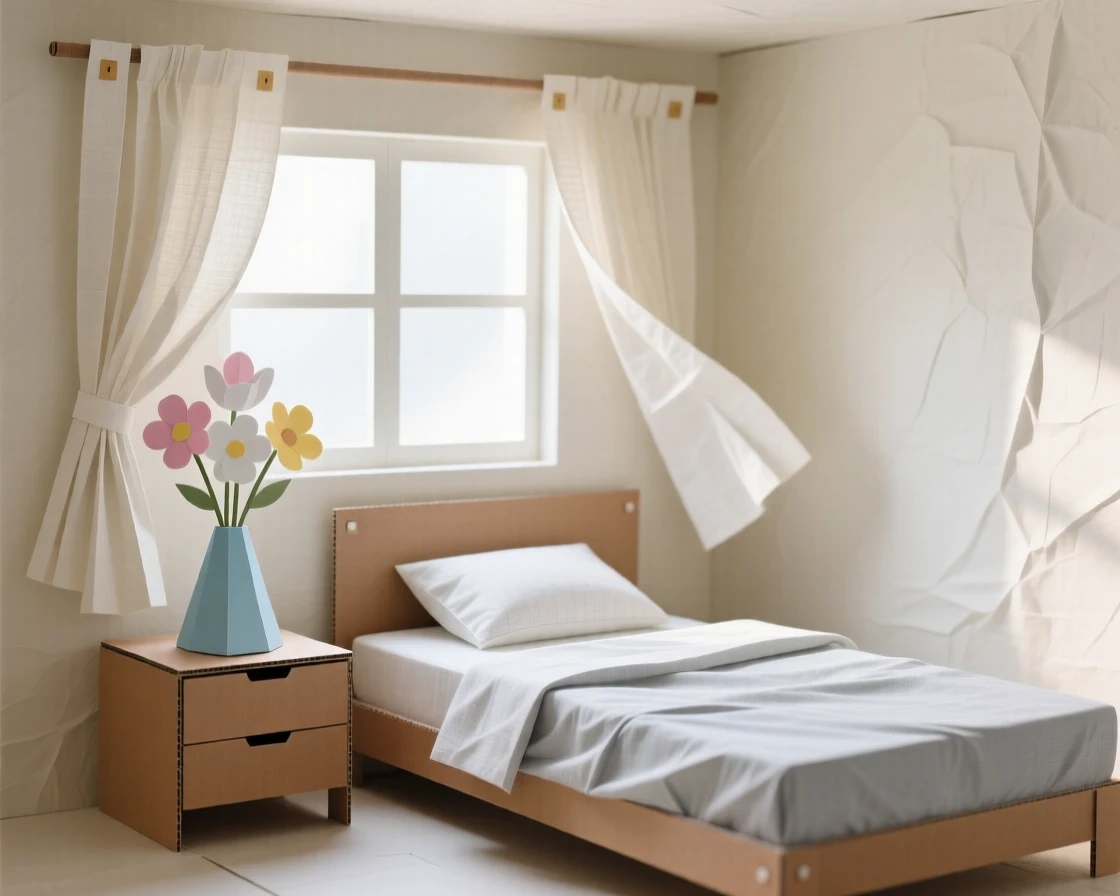 A minimalist bedroom bathed in soft morning light, linen curtains billowing gently in the breeze, a vase of fresh flowers on the nightstand, evoking peaceful simplicity.