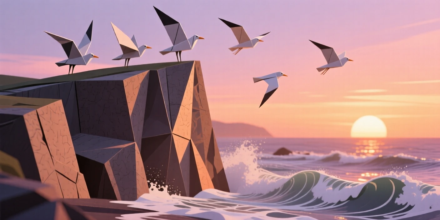A dramatic coastal cliff at sunset with seabirds wheeling above crashing waves.