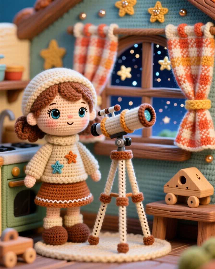 A charming scene of a young astronomer girl with a telescope taller than herself, gazing up at a sky full of stars inside a cozy cottage kitchen with checkered curtains; a small wooden toy left on a bench adds to the moment, full of cheerful industriousness and community spirit.
