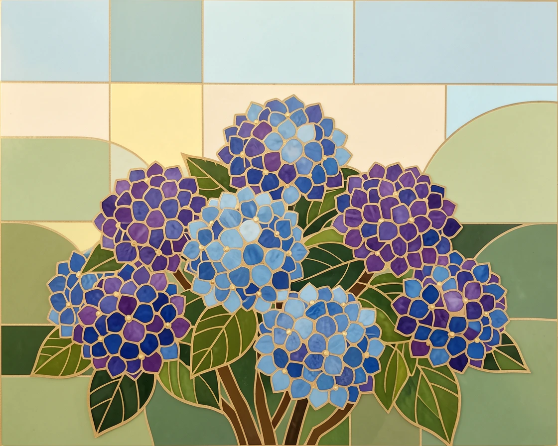A hydrangea bush covered in blue and purple flower clusters, with soft morning light and a gentle blur of background greenery.