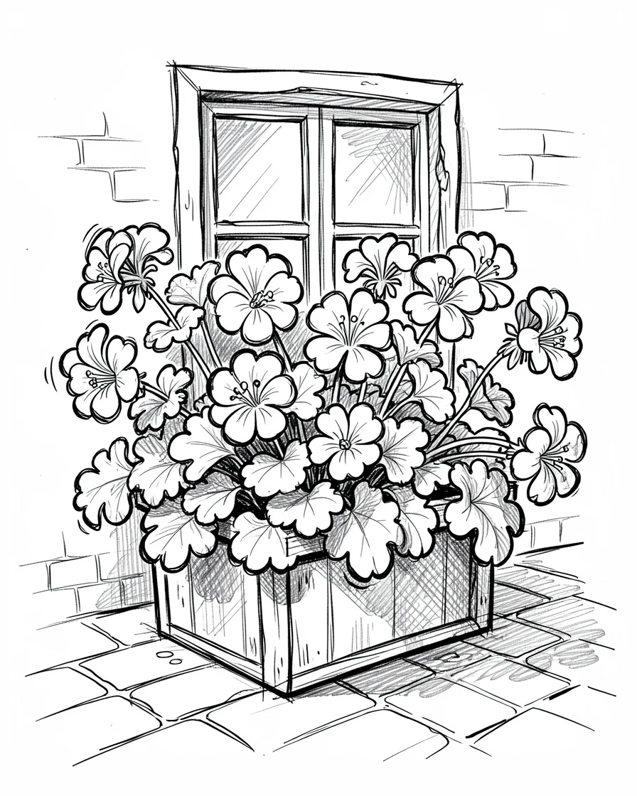 A window box overflowing with geraniums in a courtyard garden.