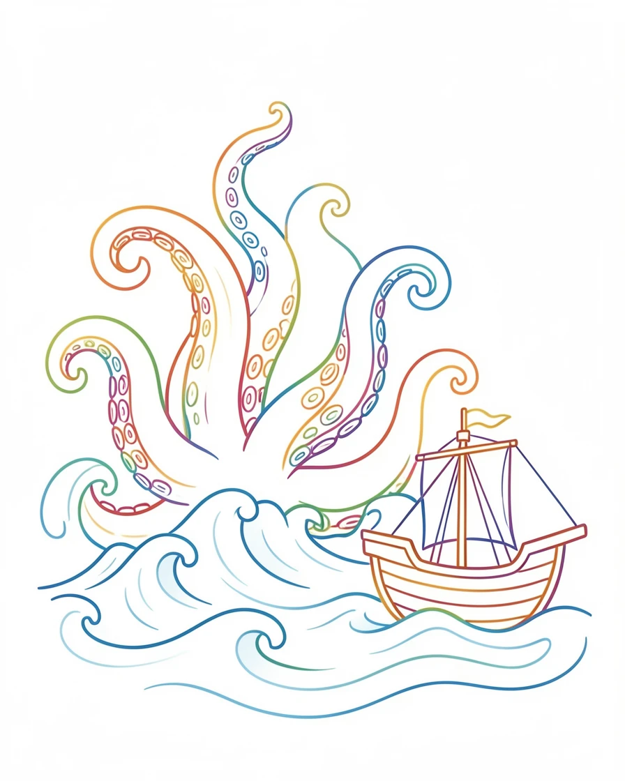 A kraken's tentacles rising from stormy waves beside a small wooden ship.