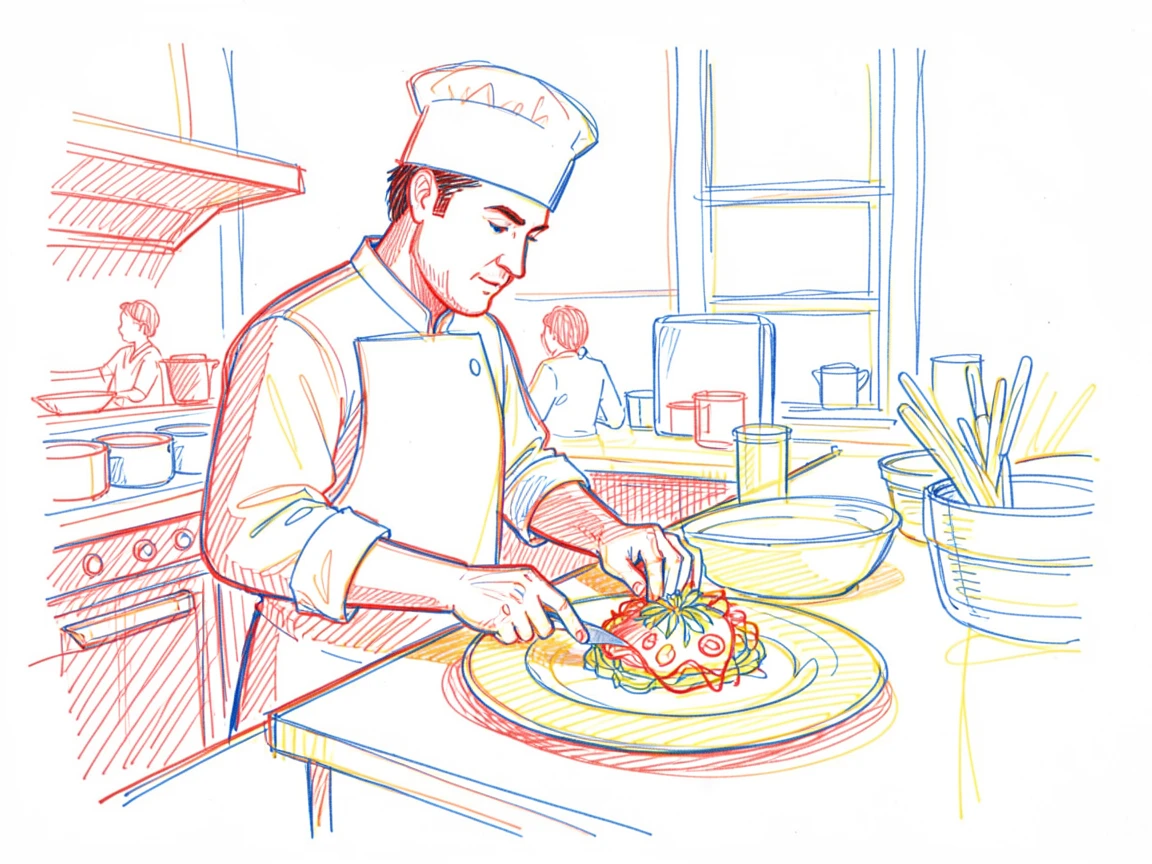 A chef plating a beautifully arranged dish in a bustling restaurant kitchen