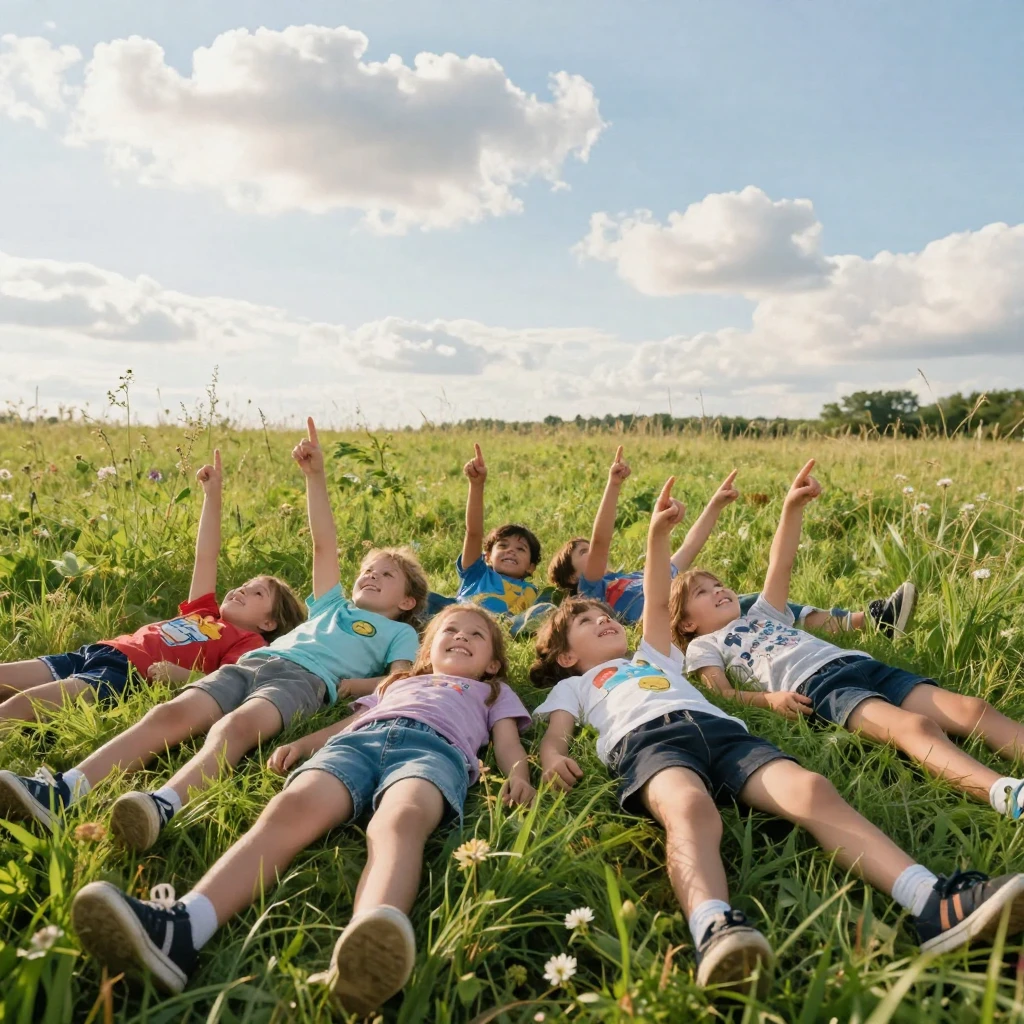 A group of children lies on their backs in a field, pointing out shapes in passing clouds.