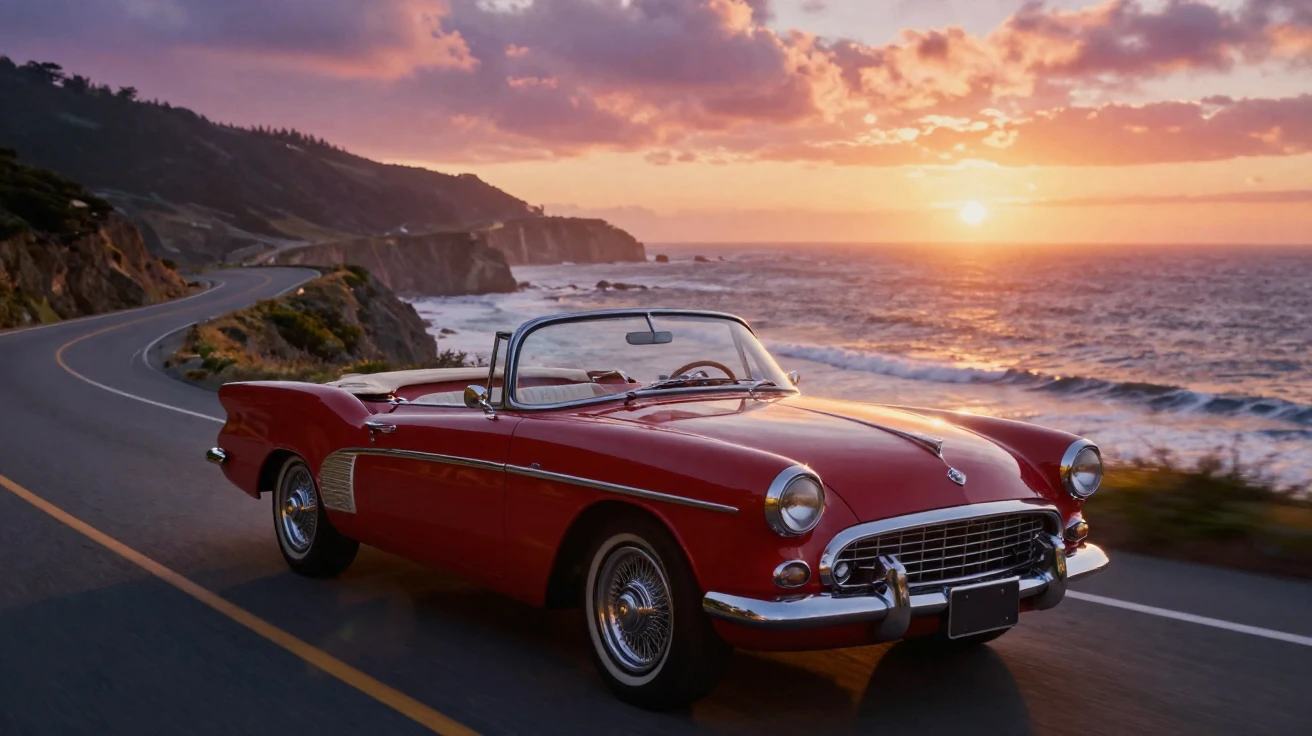 A vintage red convertible cruising along a coastal highway at sunset