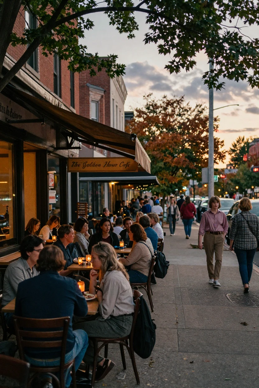 A crowded outdoor café spilling onto a lively city sidewalk, in the last light of dusk, under scattered clouds, as summer fades into fall, with deep emerald greens and browns, from a wide establishing view.