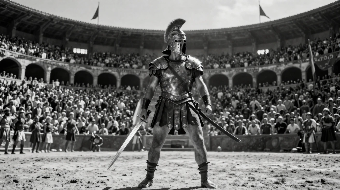 A gladiator stands ready in a packed arena before a roaring crowd.