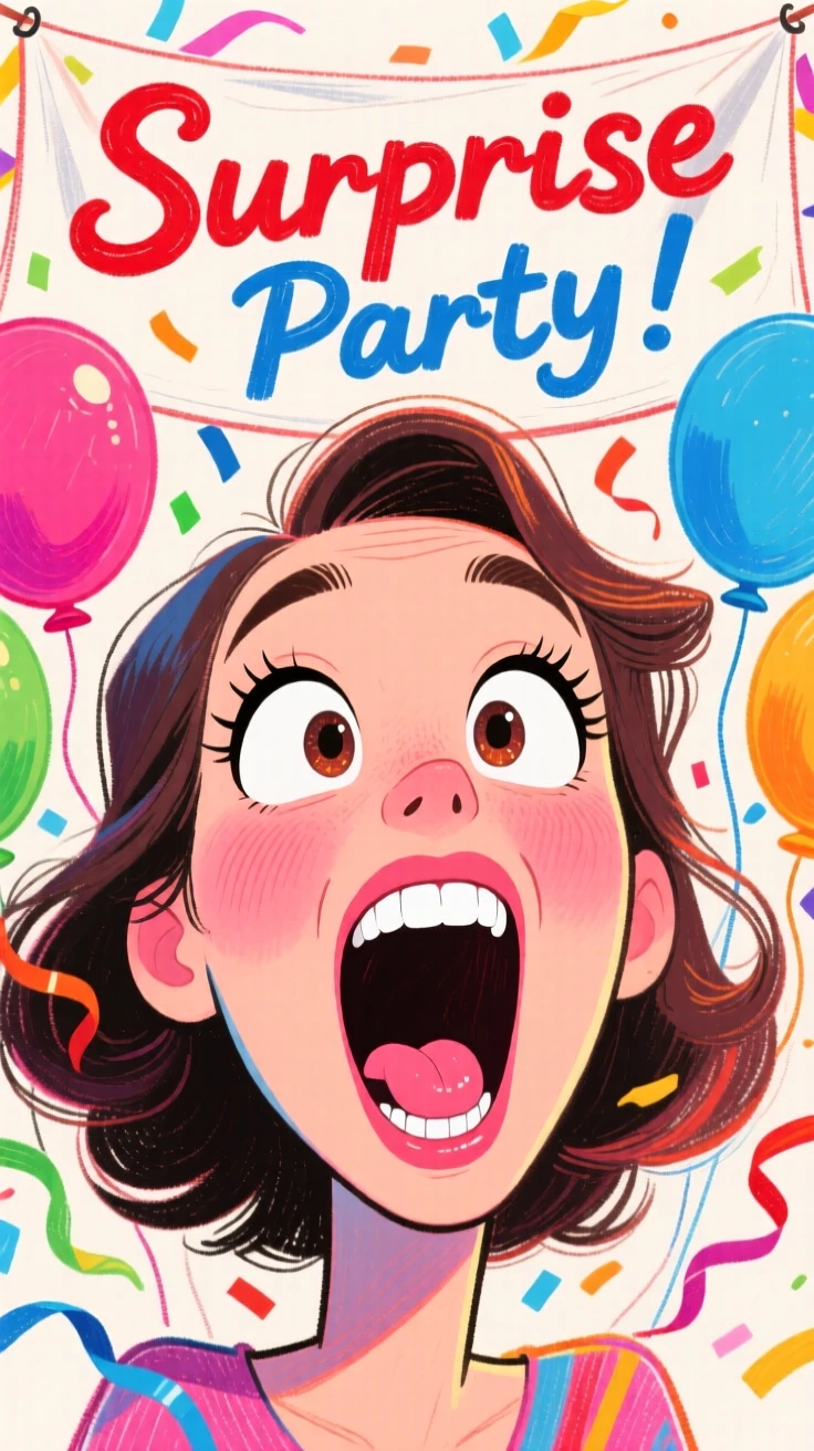 A woman giving an exaggerated gasp of delight at a surprise party.