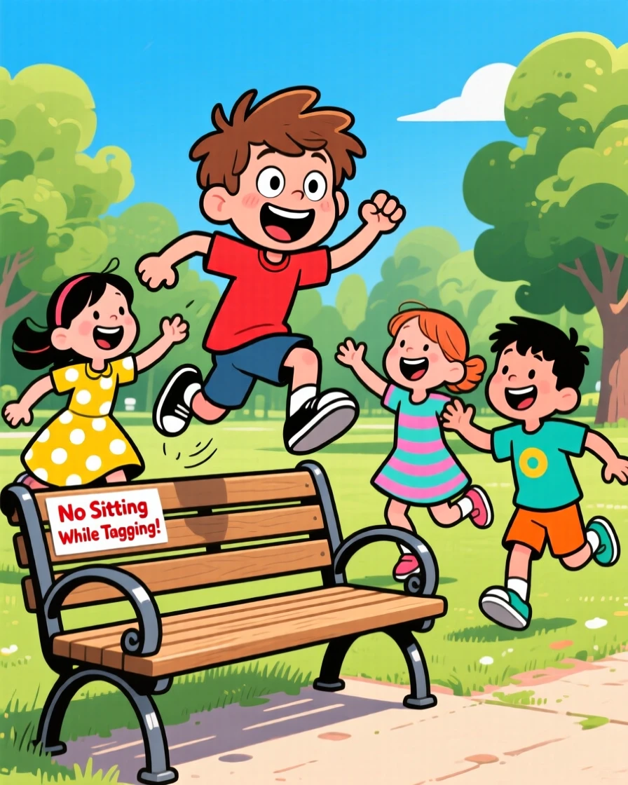 A playful childhood moment of a group of children playing tag in a park, one caught mid-leap over a park bench.